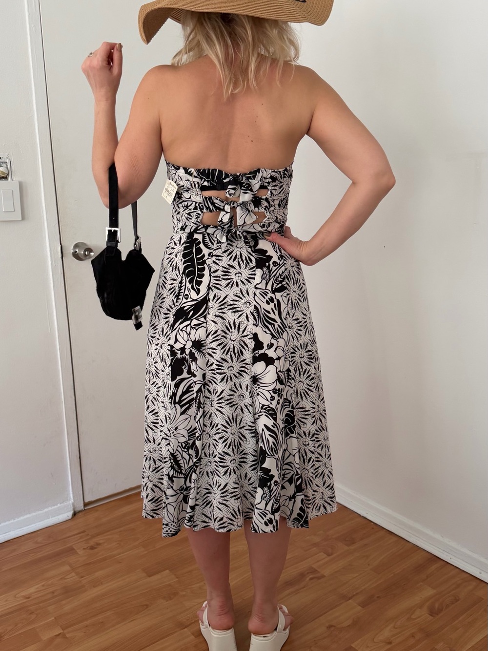 Neiman Marcus Black & White Strapless Floral Midi Dress
